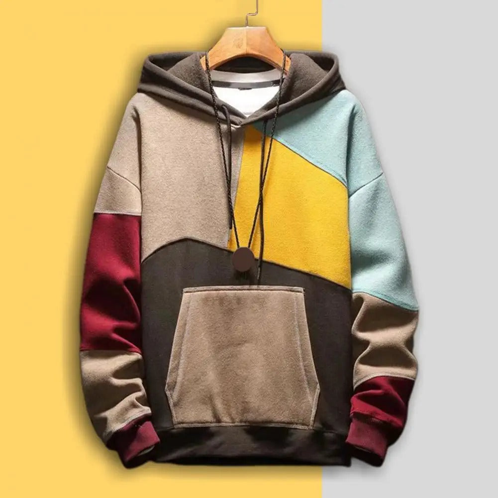 Casual patchwork hooded sweater with a unique design, perfect for autumn wear.