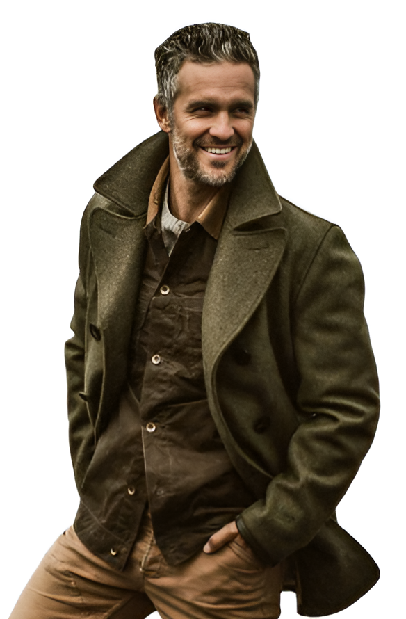 Men’s classic double-breasted coat with a timeless design, perfect for autumn days.