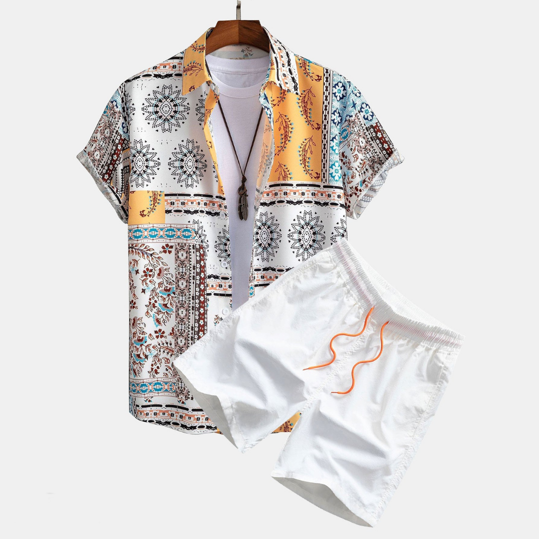 Men's summer shirt and shorts set, offering comfort and style for hot days.