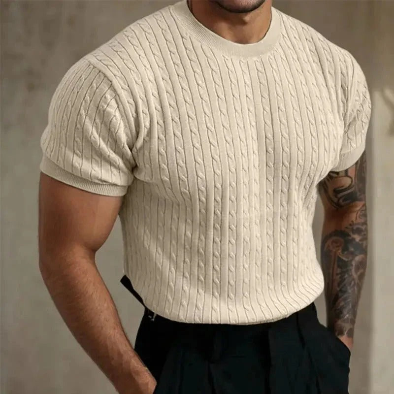Elegant knitted summer shirt with breathable lightweight fabric, perfect for warm summer days.