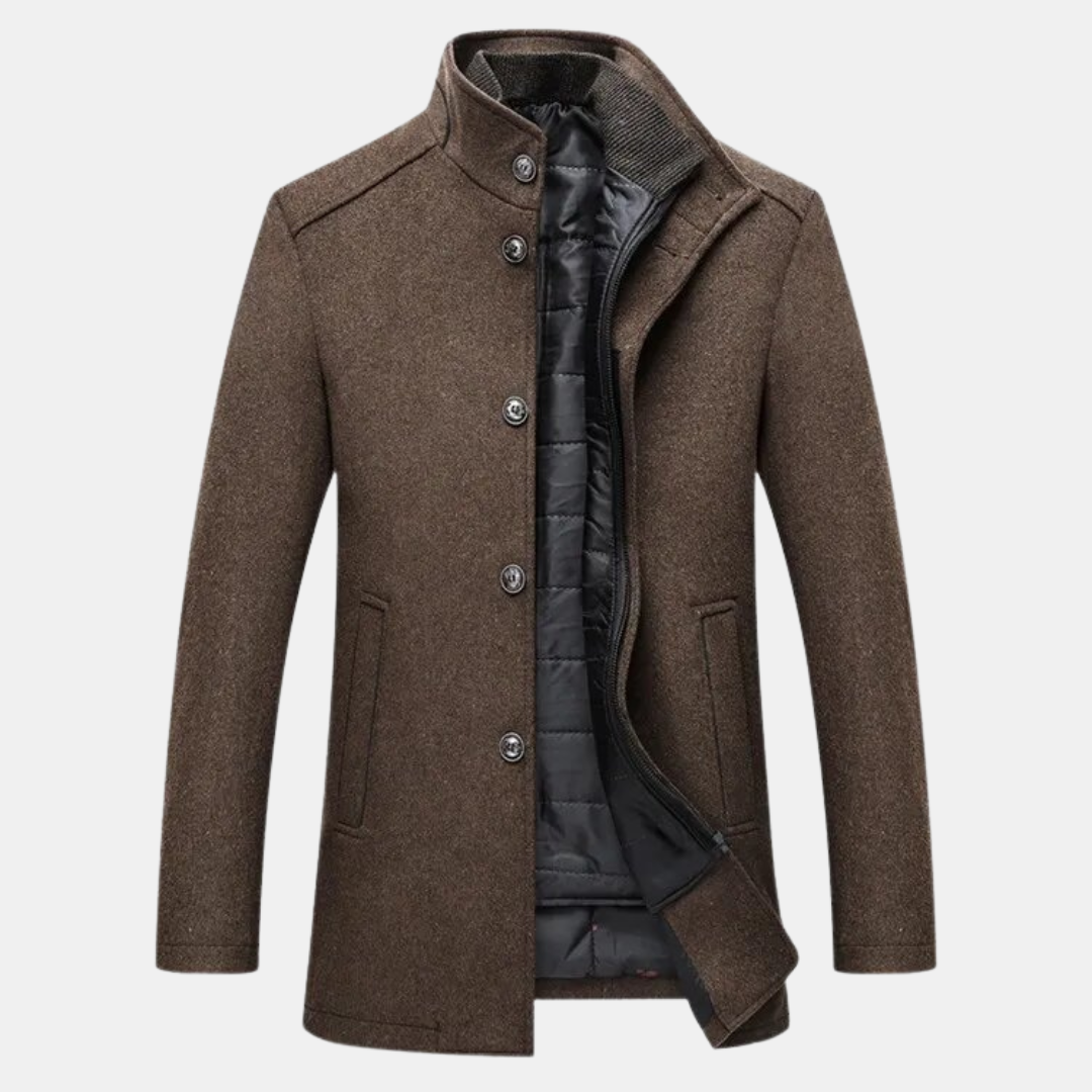 Elegant wool trenchcoat for men, with a refined and stylish design.