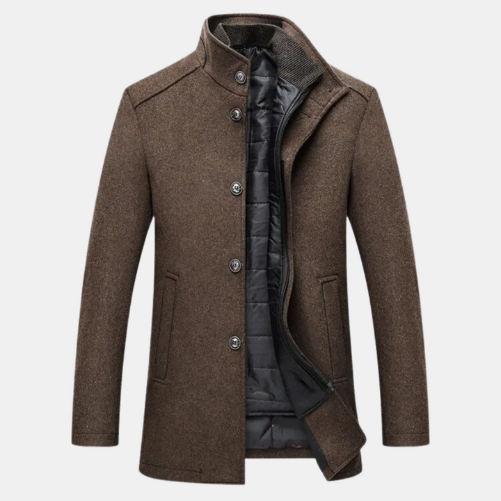 Elegant wool trenchcoat for men, with a refined and stylish design.