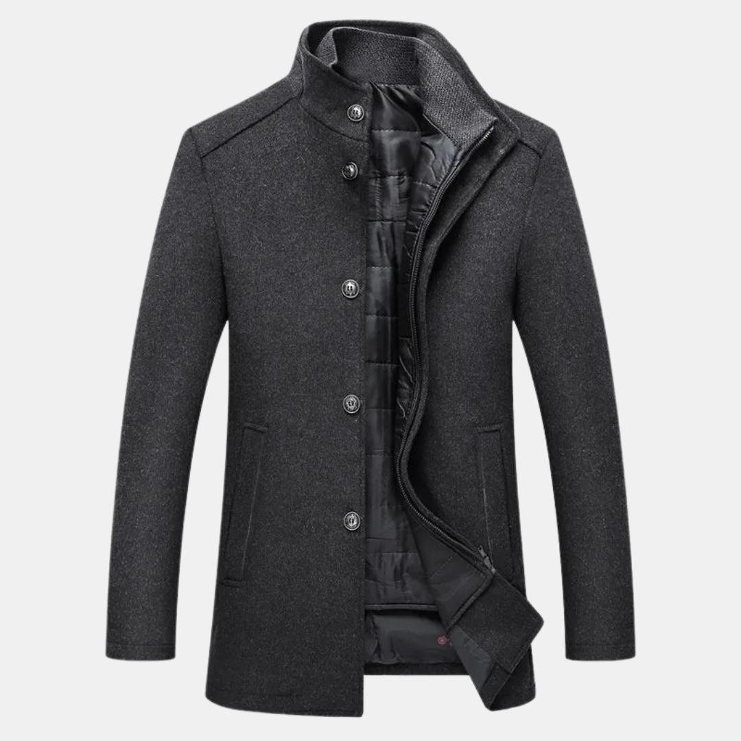 Elegant wool trenchcoat for men, with a refined and stylish design.