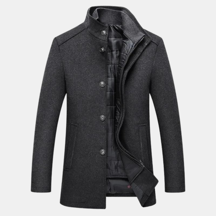 Elegant wool trenchcoat for men, with a refined and stylish design.