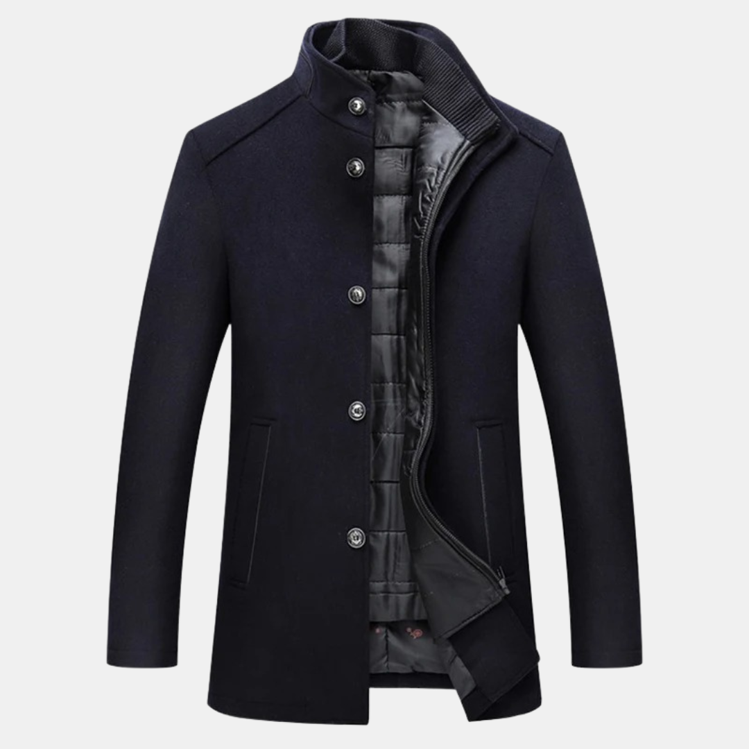 Elegant wool trenchcoat for men, with a refined and stylish design.