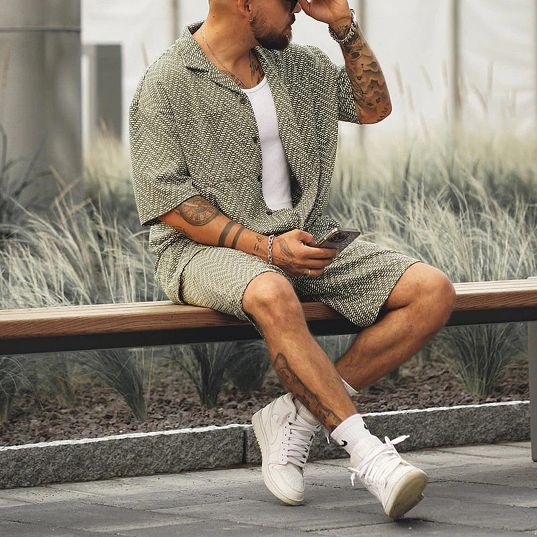 Stylish men's polo shirt and shorts set for summer, featuring breathable fabric and a modern design ideal for warm-weather days.