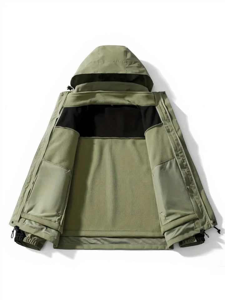 Men's 3-in-1 waterproof hooded jacket, perfect for autumn days with adaptable protection against wind and rain.