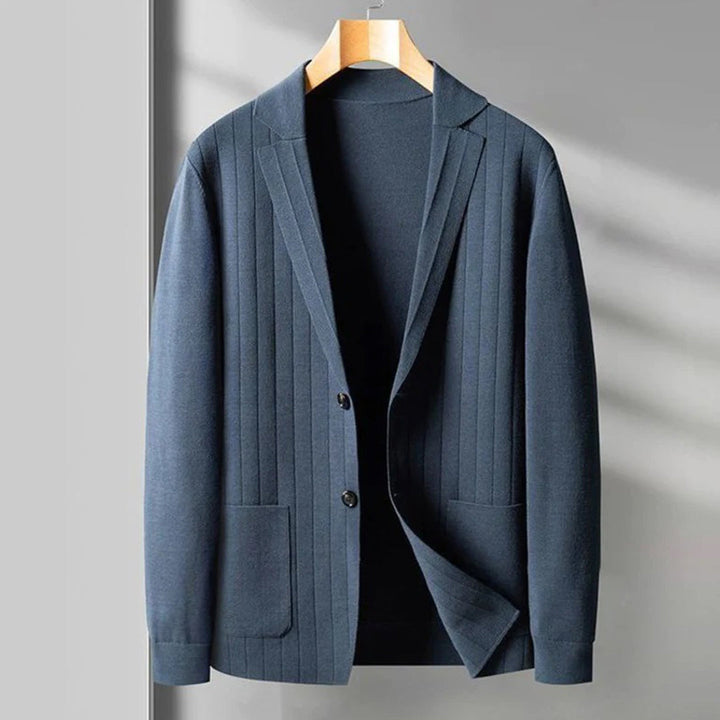 Classic autumn blazer cardigan for men with a structured fit and soft knit fabric, perfect for stylish layering.