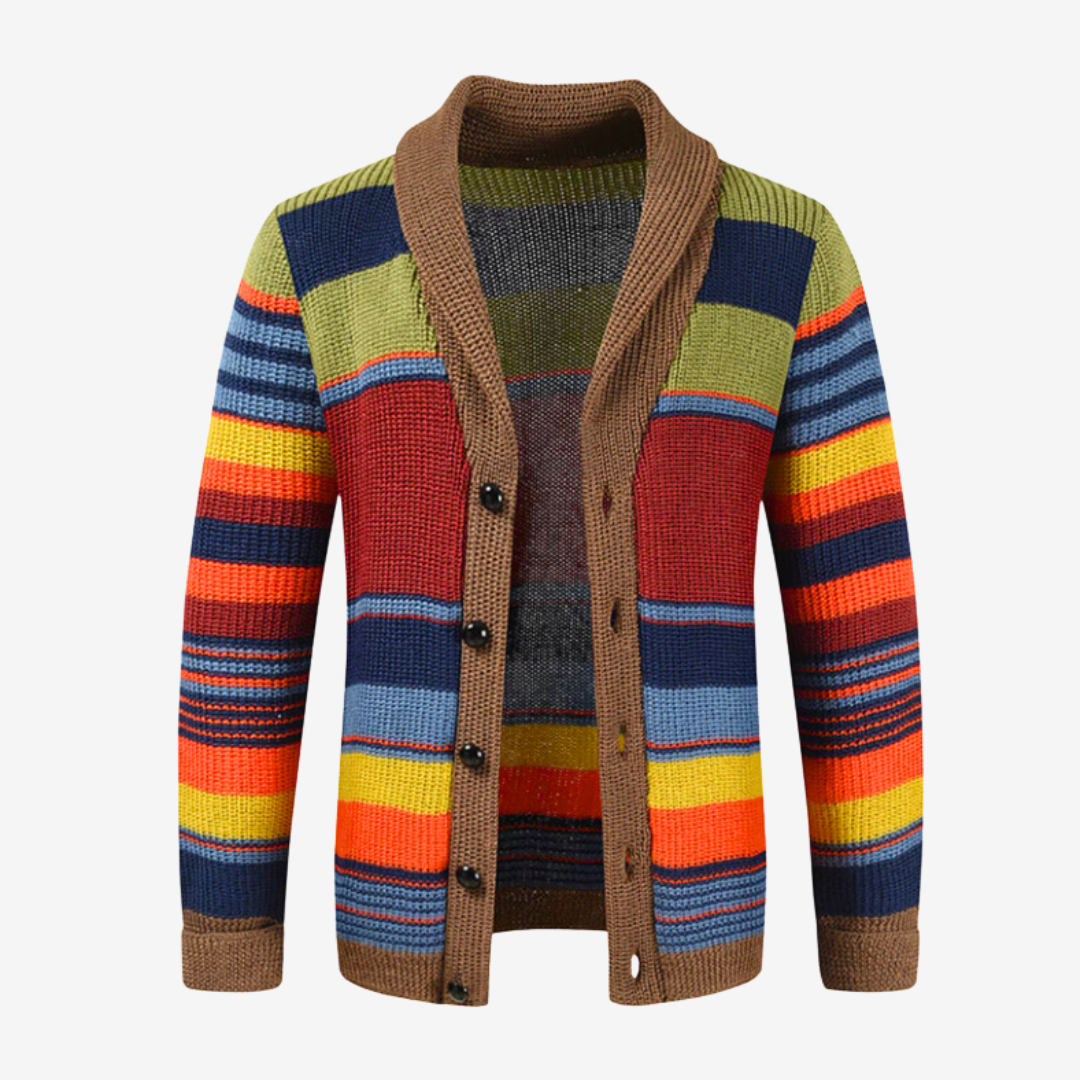 Stylish and cozy colorful autumn cardigan for men, perfect for layering on chilly days.








