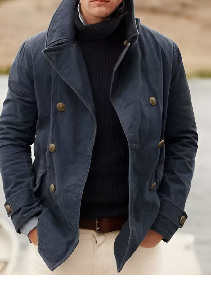 Men's elegant denim blazer with a tailored fit and refined casual style, perfect for layering on autumn days.