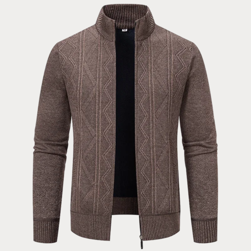 Elegant knitted cardigan for men with soft fabric and refined fit, perfect for stylish Autumn layering.








