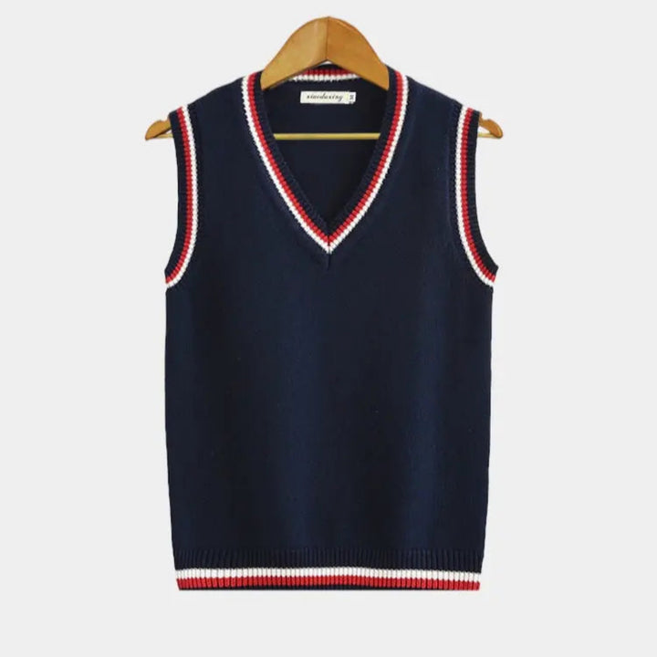 Elegant sleeveless sweater for men with soft knit texture and tailored fit, perfect for layering on Autumn days.