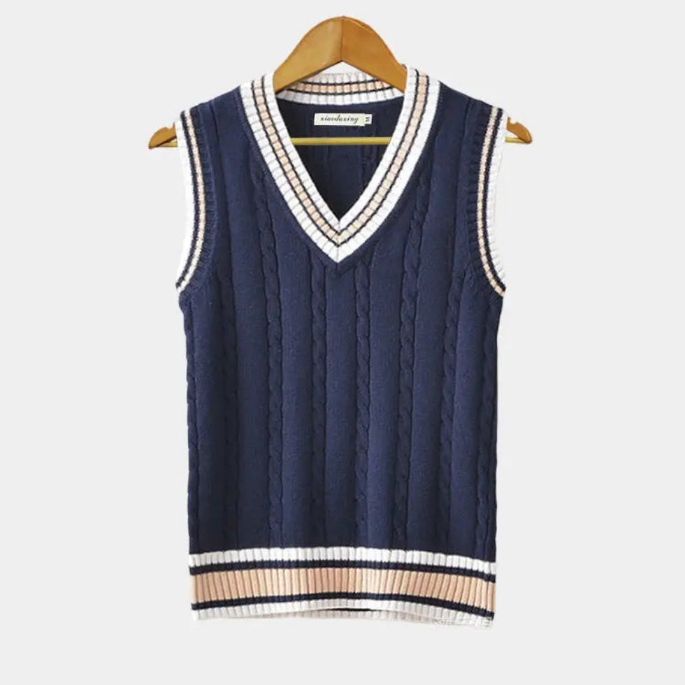 Elegant sleeveless sweater for men with soft knit texture and tailored fit, perfect for layering on Autumn days.