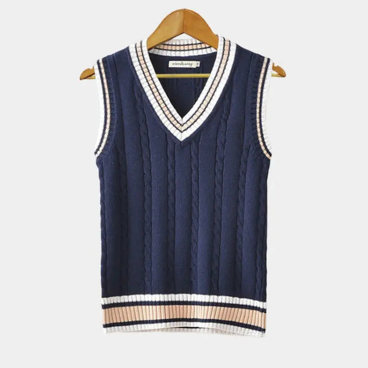 Elegant sleeveless sweater for men with soft knit texture and tailored fit, perfect for layering on Autumn days.