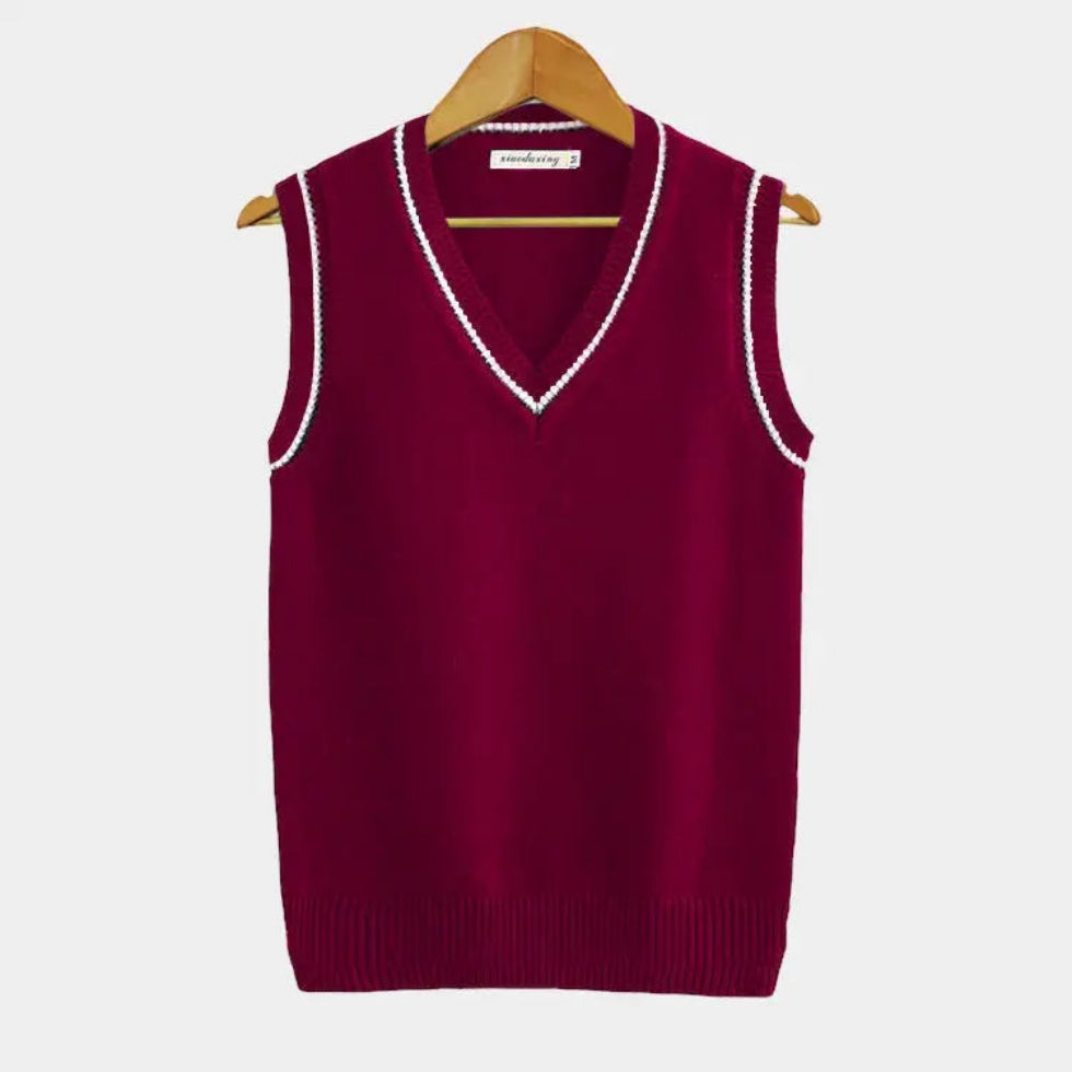 Elegant sleeveless sweater for men with soft knit texture and tailored fit, perfect for layering on Autumn days.