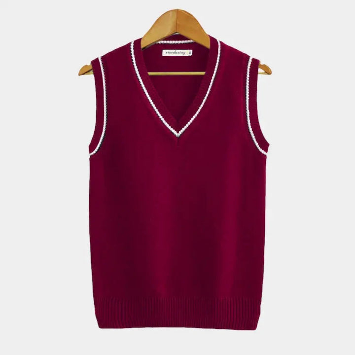 Elegant sleeveless sweater for men with soft knit texture and tailored fit, perfect for layering on Autumn days.