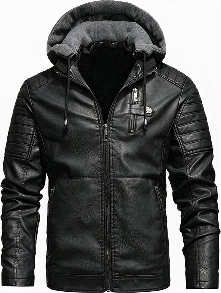 High-quality men's leather hooded coat with premium material and wind protection, ideal for stylish autumn wear.