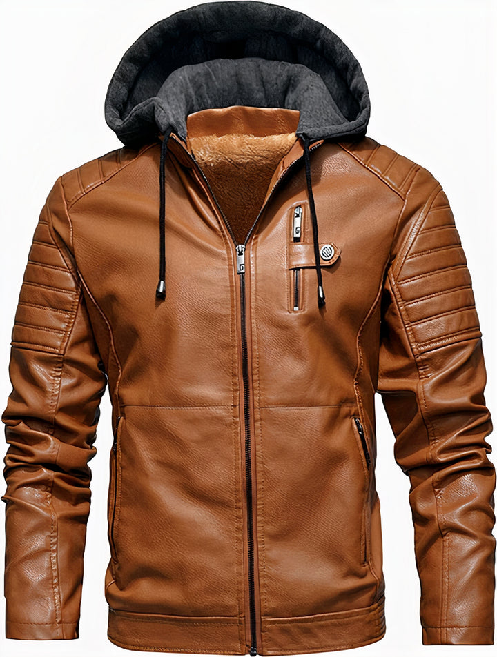 High-quality men's leather hooded coat with premium material and wind protection, ideal for stylish autumn wear.