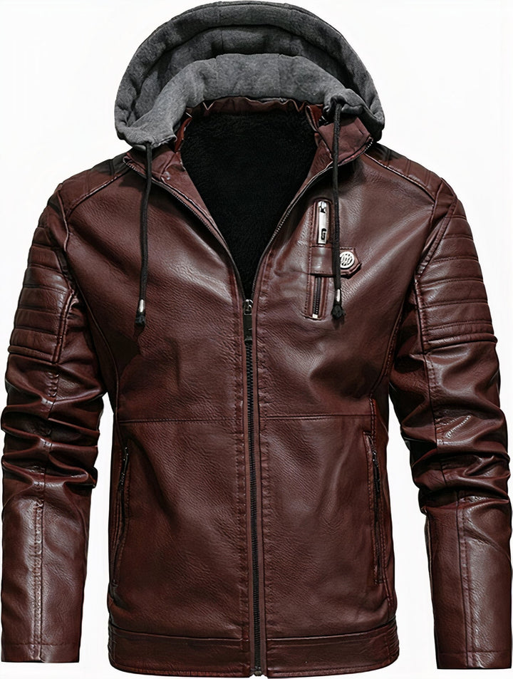 High-quality men's leather hooded coat with premium material and wind protection, ideal for stylish autumn wear.