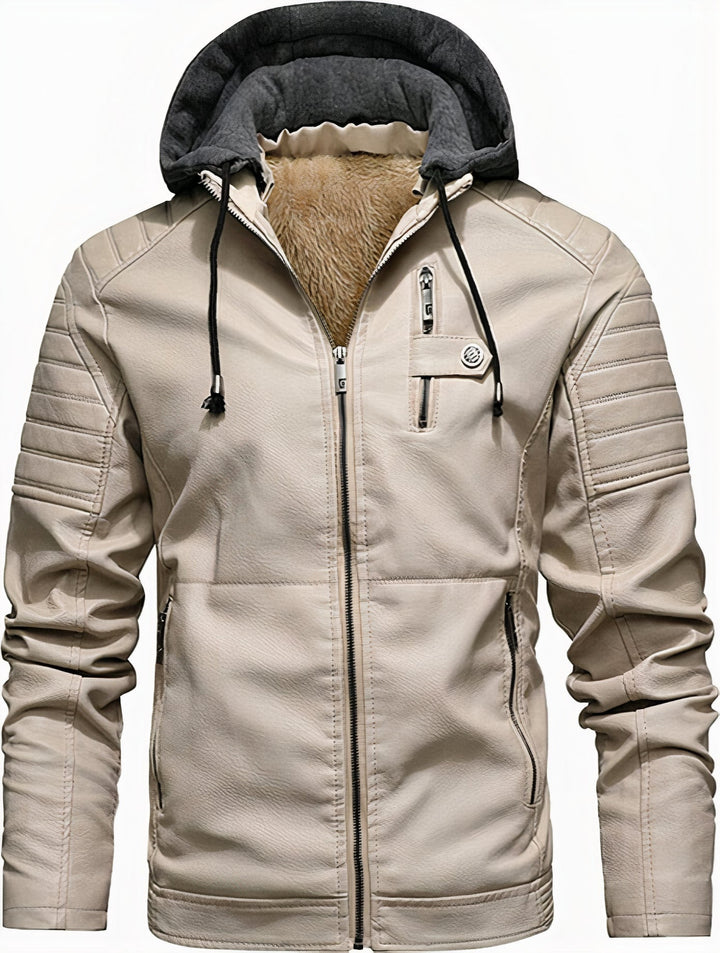 High-quality men's leather hooded coat with premium material and wind protection, ideal for stylish autumn wear.