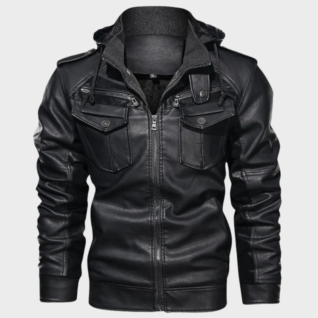 Luxurious men’s leather jacket with tailored fit and premium design, ideal for stylish autumn days.