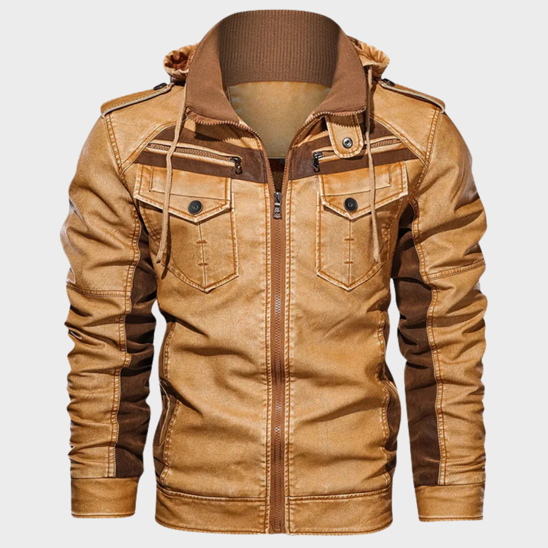 Luxurious men’s leather jacket with tailored fit and premium design, ideal for stylish autumn days.
