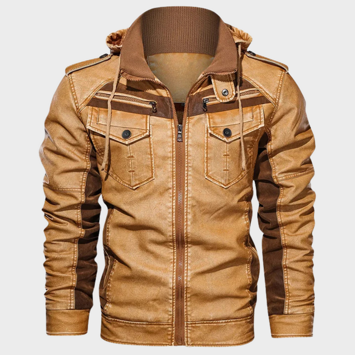 Luxurious men’s leather jacket with tailored fit and premium design, ideal for stylish autumn days.