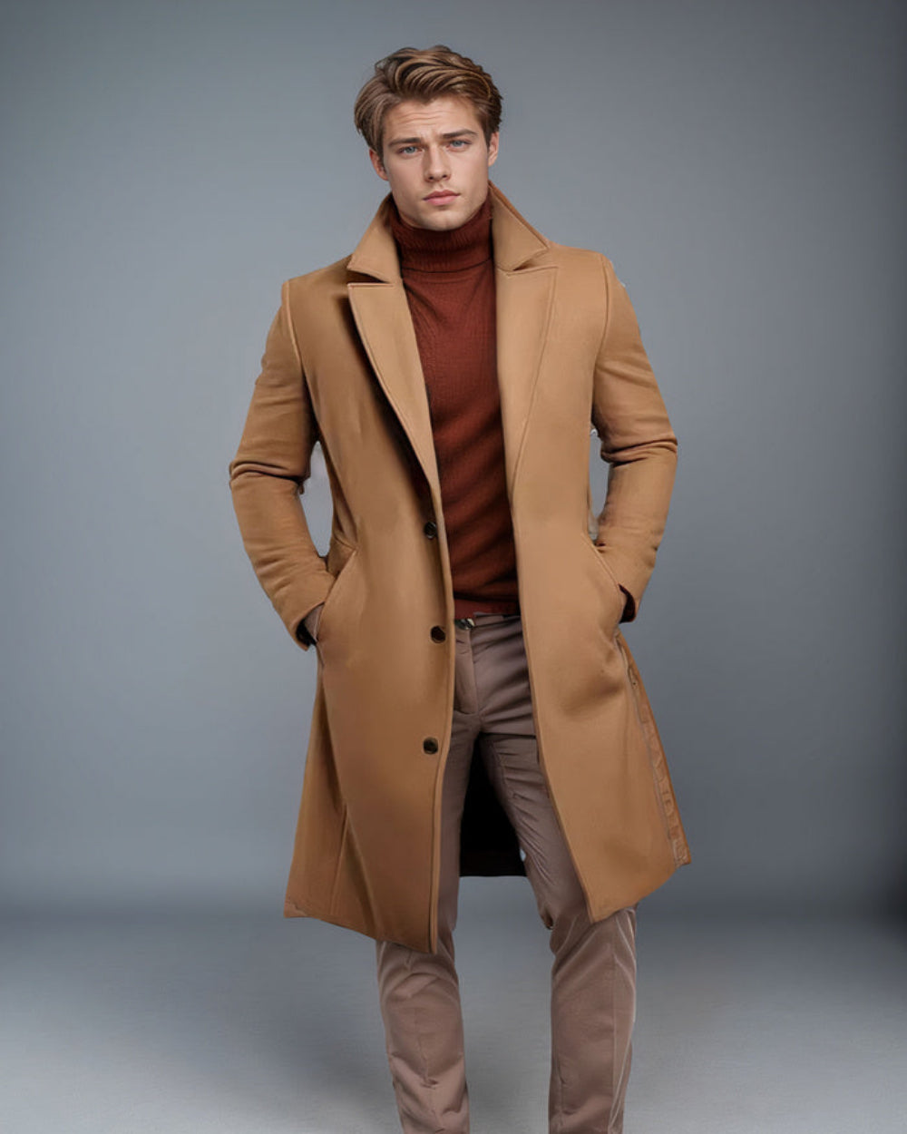  Luxurious trench coat for men with tailored fit and wind-resistant fabric