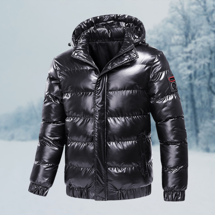 Luxurious warm waterproof jacket for men, ideal for Autumn days with elegant design and insulated comfort.