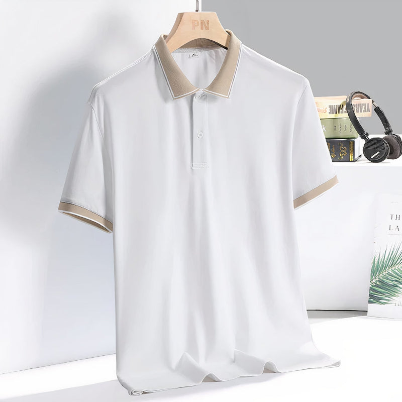Men’s luxurious business polo shirt with breathable fabric and tailored fit, perfect for summer days.