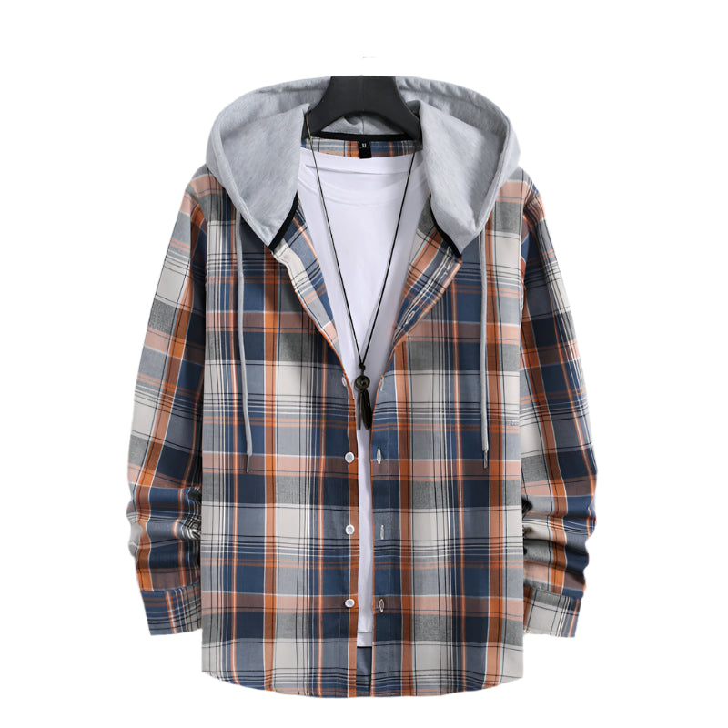 Modern hooded plaid jacket for men with fleece lining and adjustable hood, perfect for Autumn layering.