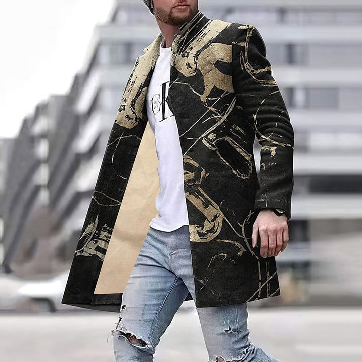 Premium autumn coat with elegant graphic print, perfect for staying stylish and warm during autumn days.