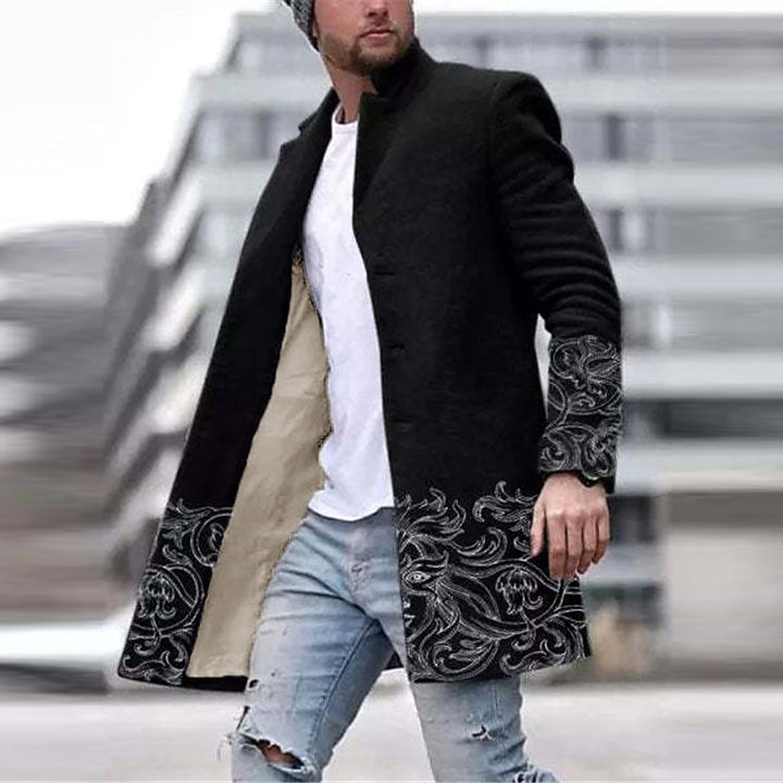 Premium autumn coat with elegant graphic print, perfect for staying stylish and warm during autumn days.