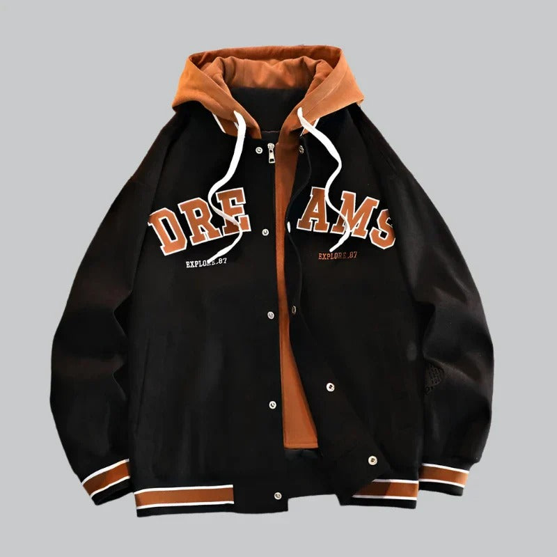  Trendy hooded varsity jacket for men, ideal for Autumn, featuring classic streetwear style and lightweight comfort.