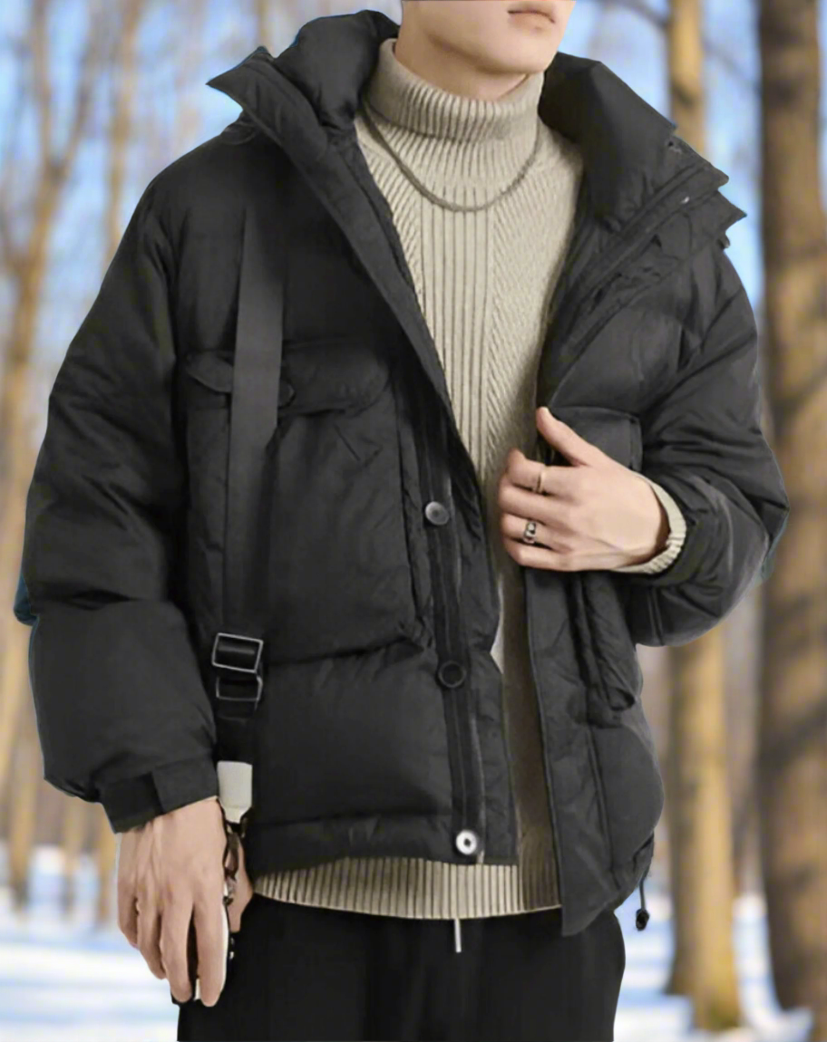 Waterproof men's puffer jacket with insulated design and modern fit, ideal for stylish autumn days.
