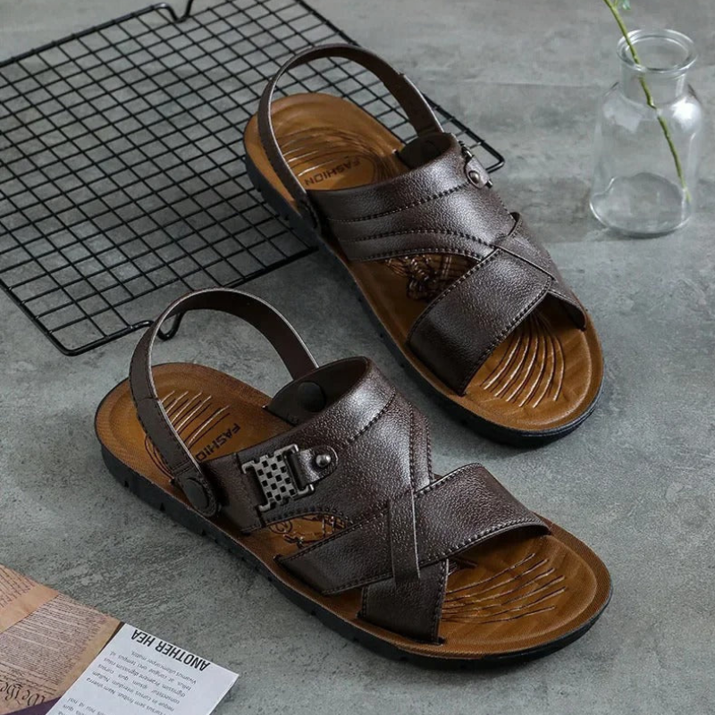 Man wearing casual walking sandals, perfect for light, comfortable steps on warm summer days.








