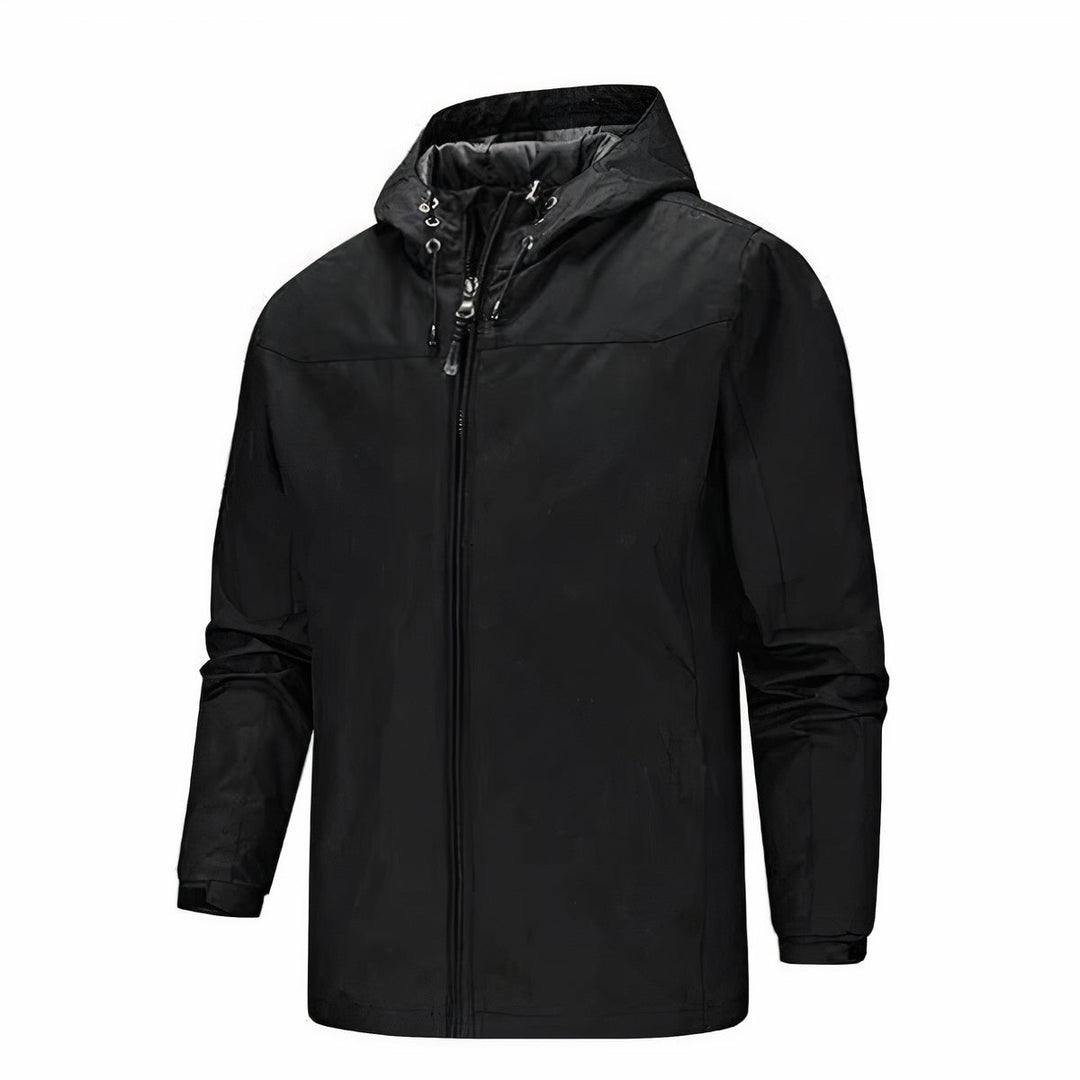 Men's classic hooded rain jacket, waterproof and windproof, ideal for autumn days.







