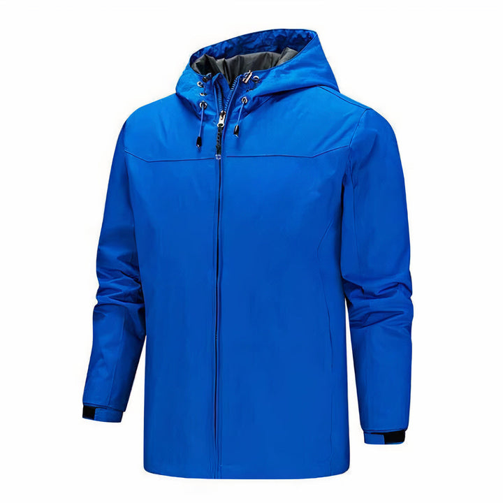 Men's classic hooded rain jacket, waterproof and windproof, ideal for autumn days.








