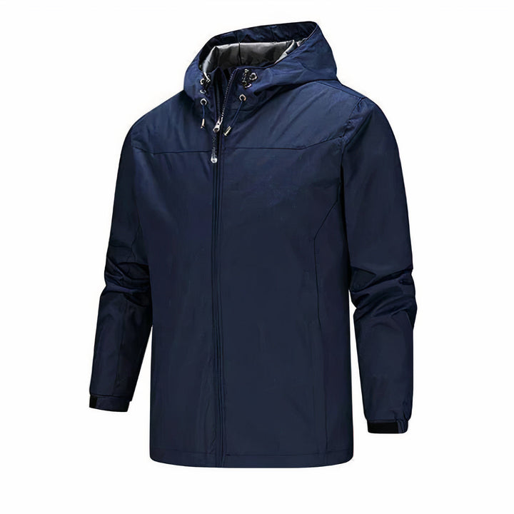 Men's classic hooded rain jacket, waterproof and windproof, ideal for autumn days.







