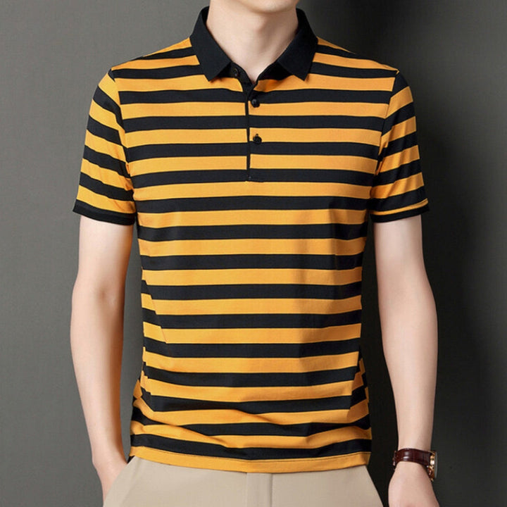 Classic striped men's summer polo shirt with a breathable fabric, perfect for warm days and versatile styling.