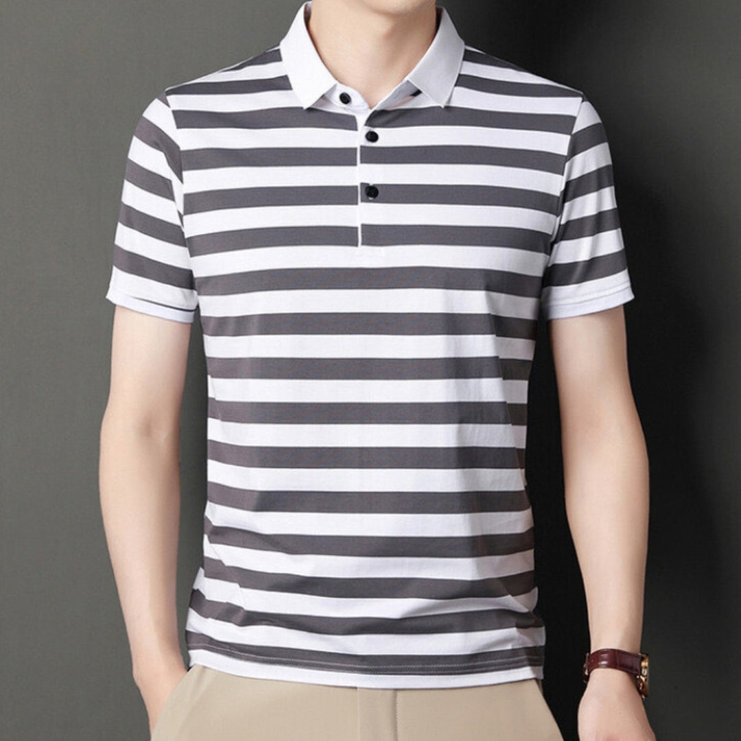 Classic striped men's summer polo shirt with a breathable fabric, perfect for warm days and versatile styling.