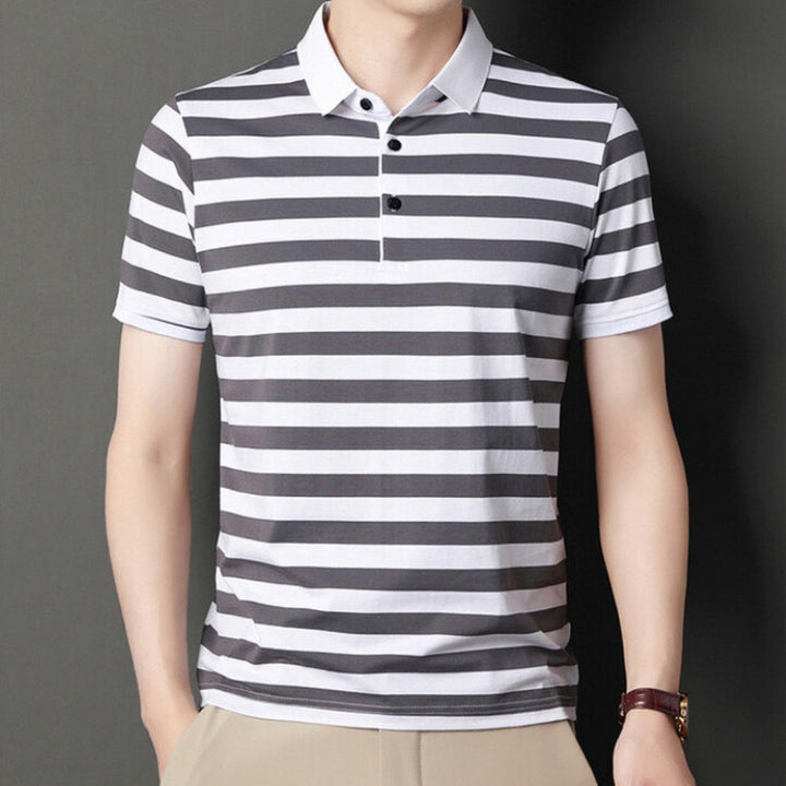 Classic striped men's summer polo shirt with a breathable fabric, perfect for warm days and versatile styling.