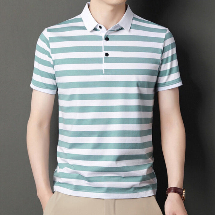 Classic striped men's summer polo shirt with a breathable fabric, perfect for warm days and versatile styling.