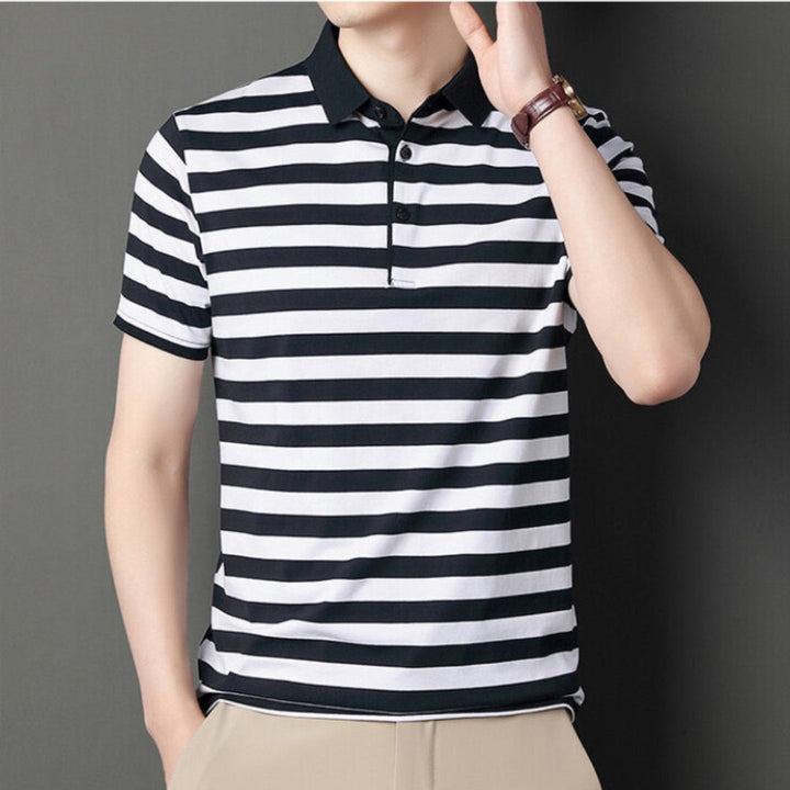 Classic striped men's summer polo shirt with a breathable fabric, perfect for warm days and versatile styling.