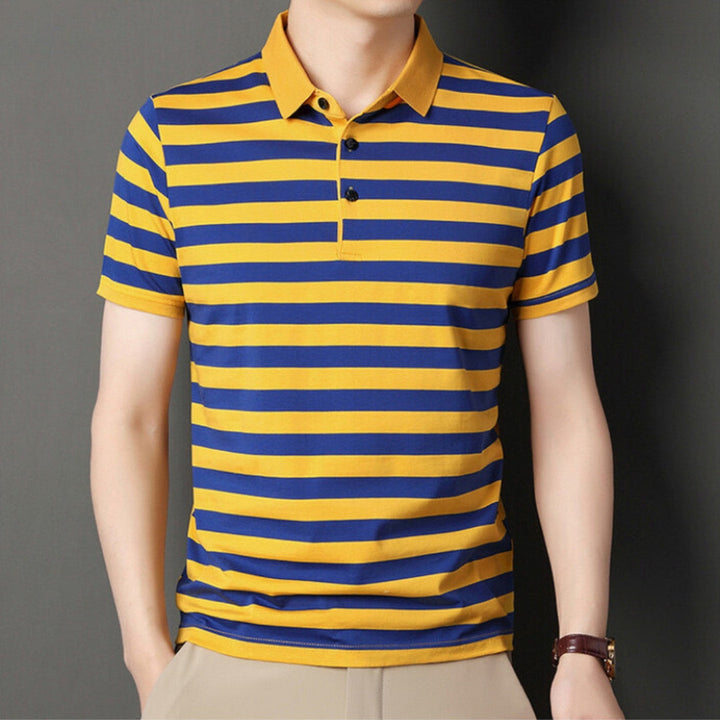 Classic striped men's summer polo shirt with a breathable fabric, perfect for warm days and versatile styling.