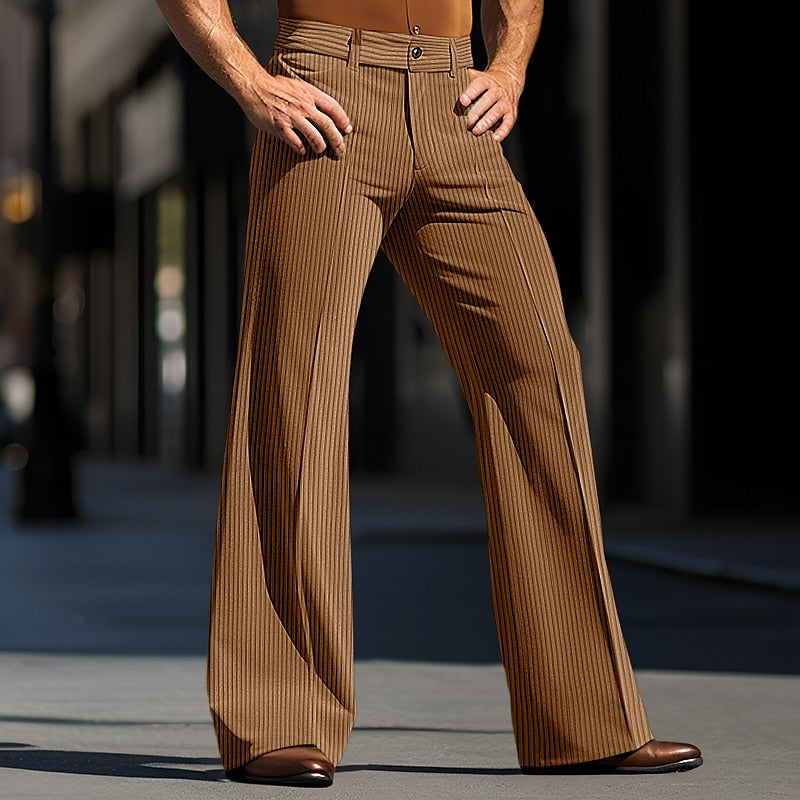 Classy corduroy flared trousers for men with a flared silhouette, breathable material, and a sophisticated vintage-inspired design, ideal for summer days.