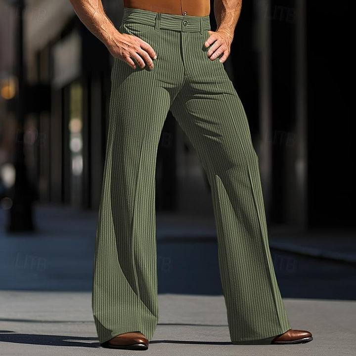Classy corduroy flared trousers for men with a flared silhouette, breathable material, and a sophisticated vintage-inspired design, ideal for summer days.