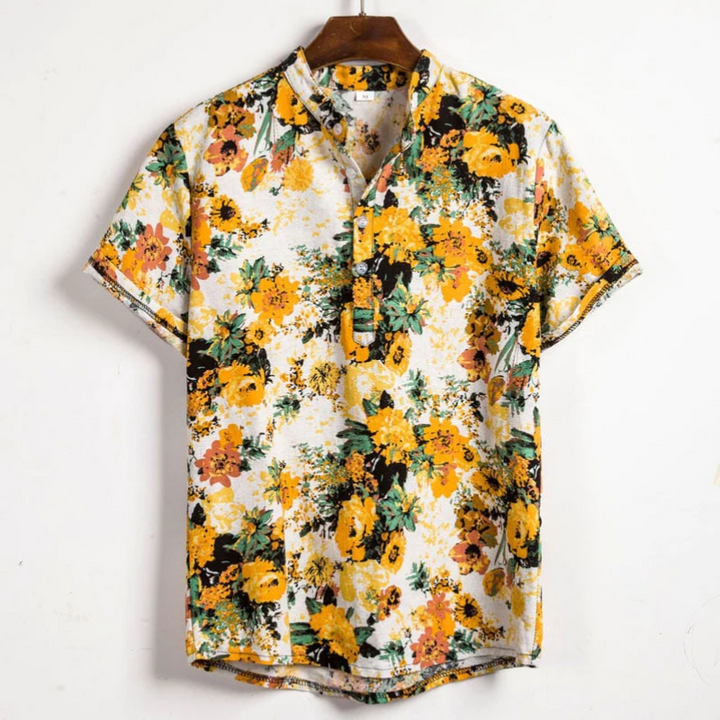 Colorful floral summer shirt for men, perfect for casual and beach settings.