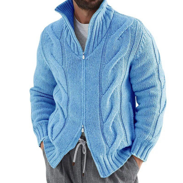 Man wearing a comfortable knitted sweater, ideal for cozy and stylish layering on autumn days.