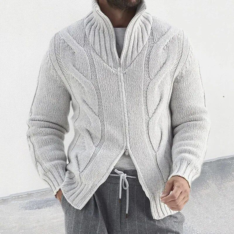 Man wearing a comfortable knitted sweater, ideal for cozy and stylish layering on autumn days.